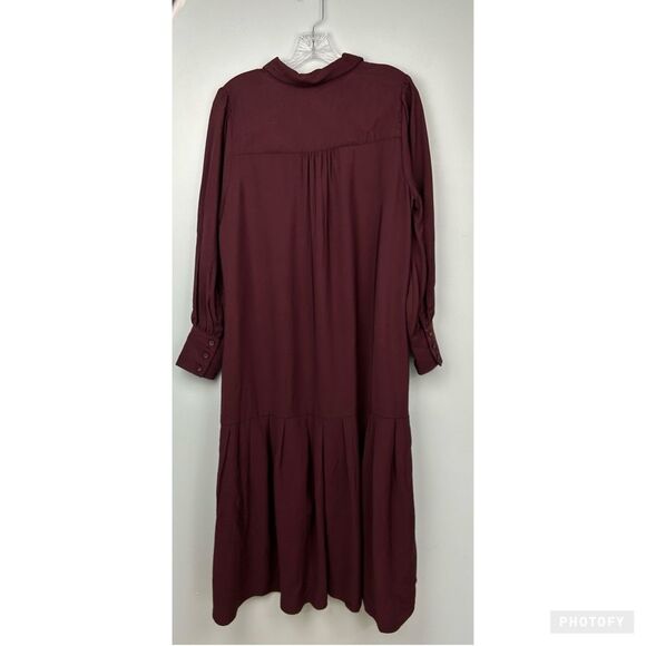 Loft Pleated Waist Midi Dress NO TIE Deep Burgundy Long Sleeve Button Front 12P - Picture 3 of 16
